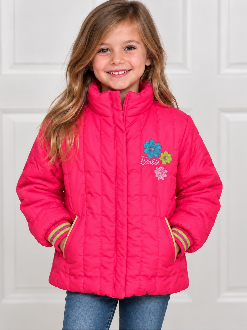 Vintage 2003 Barbie Girls Size 7 Pink Quilted Puffer Jacket Y2K